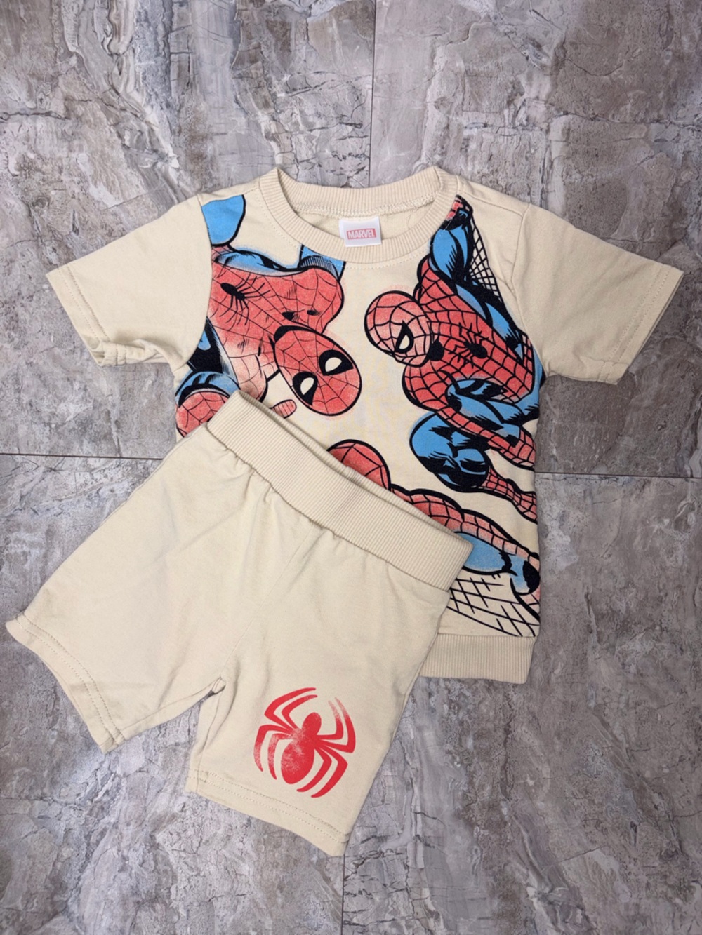Marvel Kids Cream Tee & Shorts Set with Red & Blue Spider-Man Print